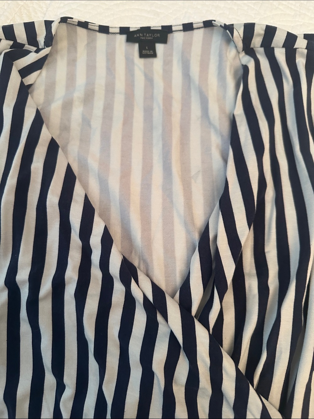 Ann Taylor Navy and White Striped Wrap Blouse L
